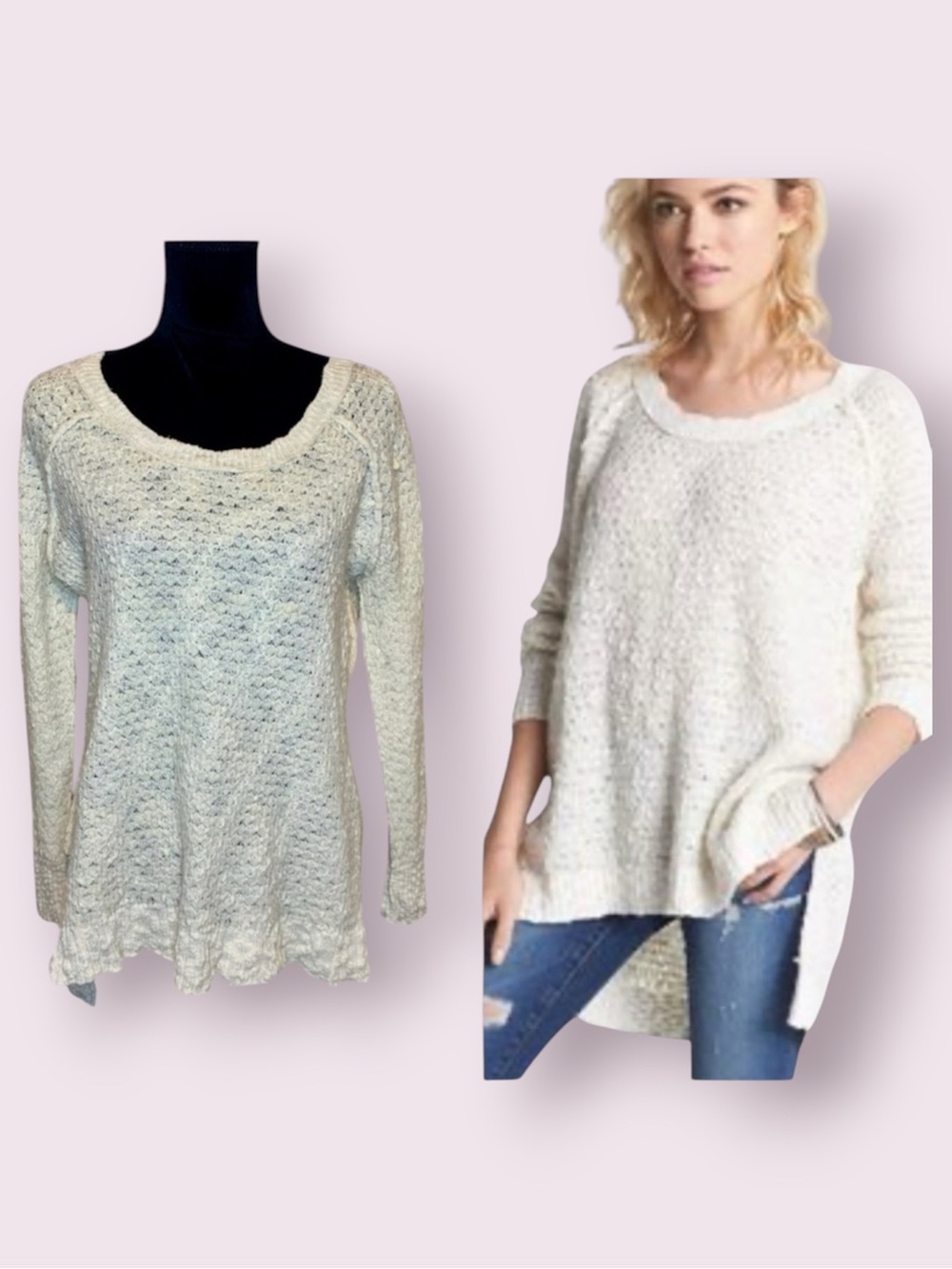 Free People Jeepster Honeycomb Wool Cotton Blend  Sweater Ivory Cream Small